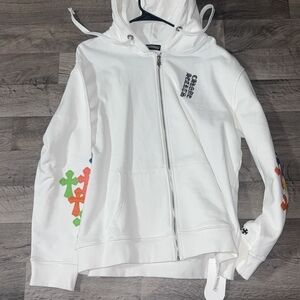 Chrome Hearts White Zip-Up Hoodie with Multicolor Crosses